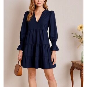 Pomander Place Kenzo Poplin Mini Dress Navy Blue Cotton Smocked Puff Sleeve Med.
